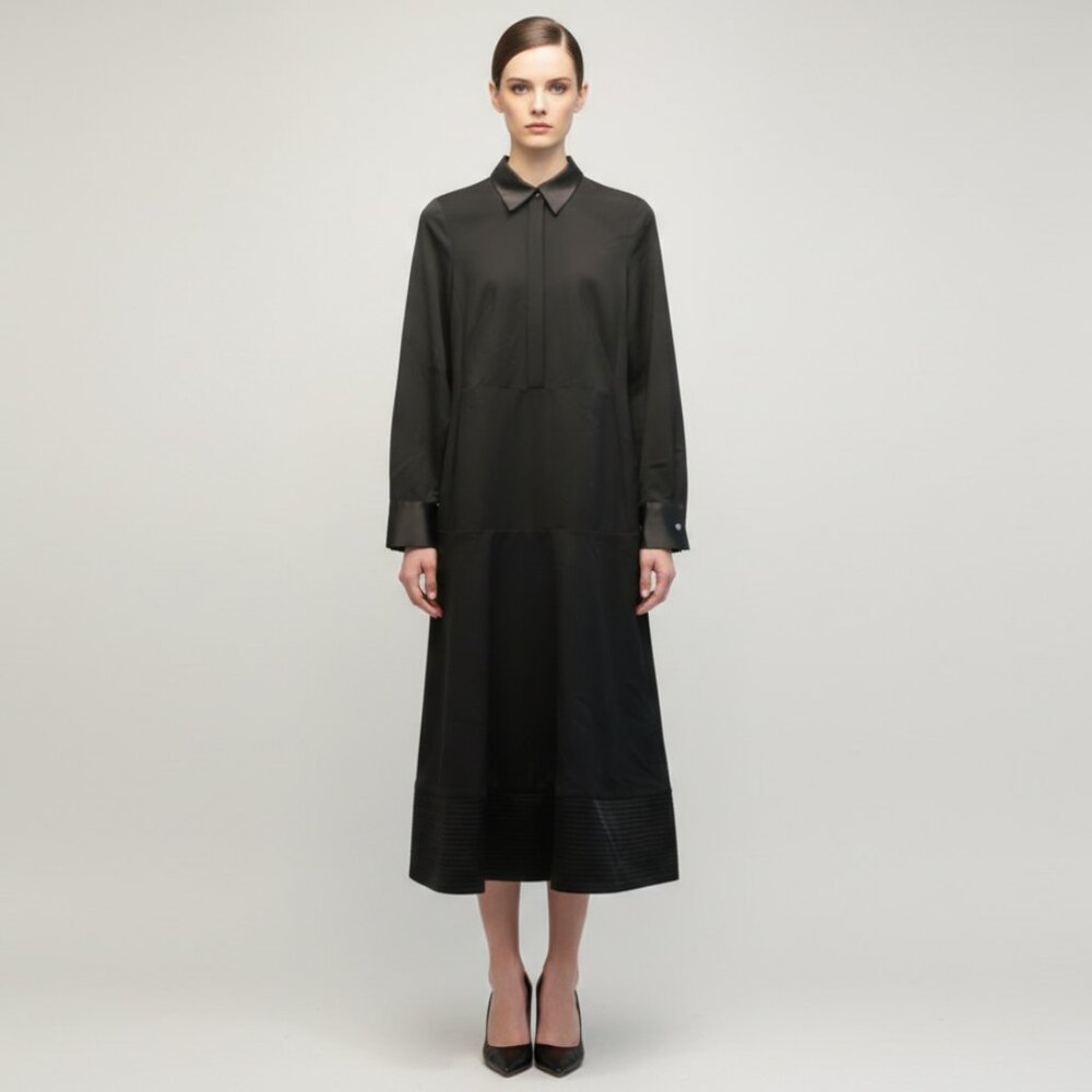 Vassa & Co Women's Shirt Dress Black Long Sleeve Satin Collar Cuffs 38/2 NWT